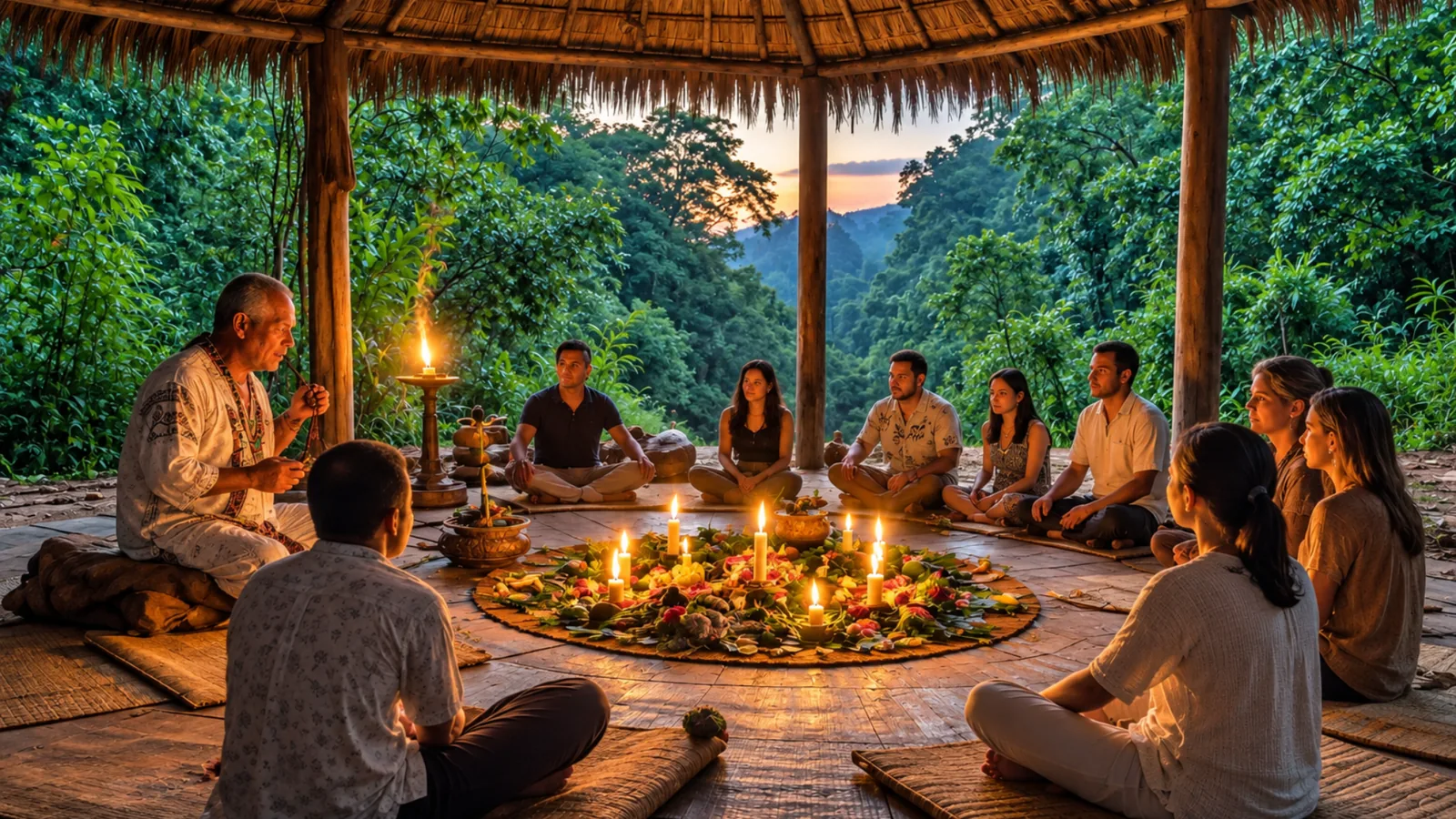 Participants gathered for a ceremony in the rainforest